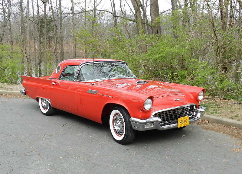 1957 Red Ford Thunderbird on road in a forest